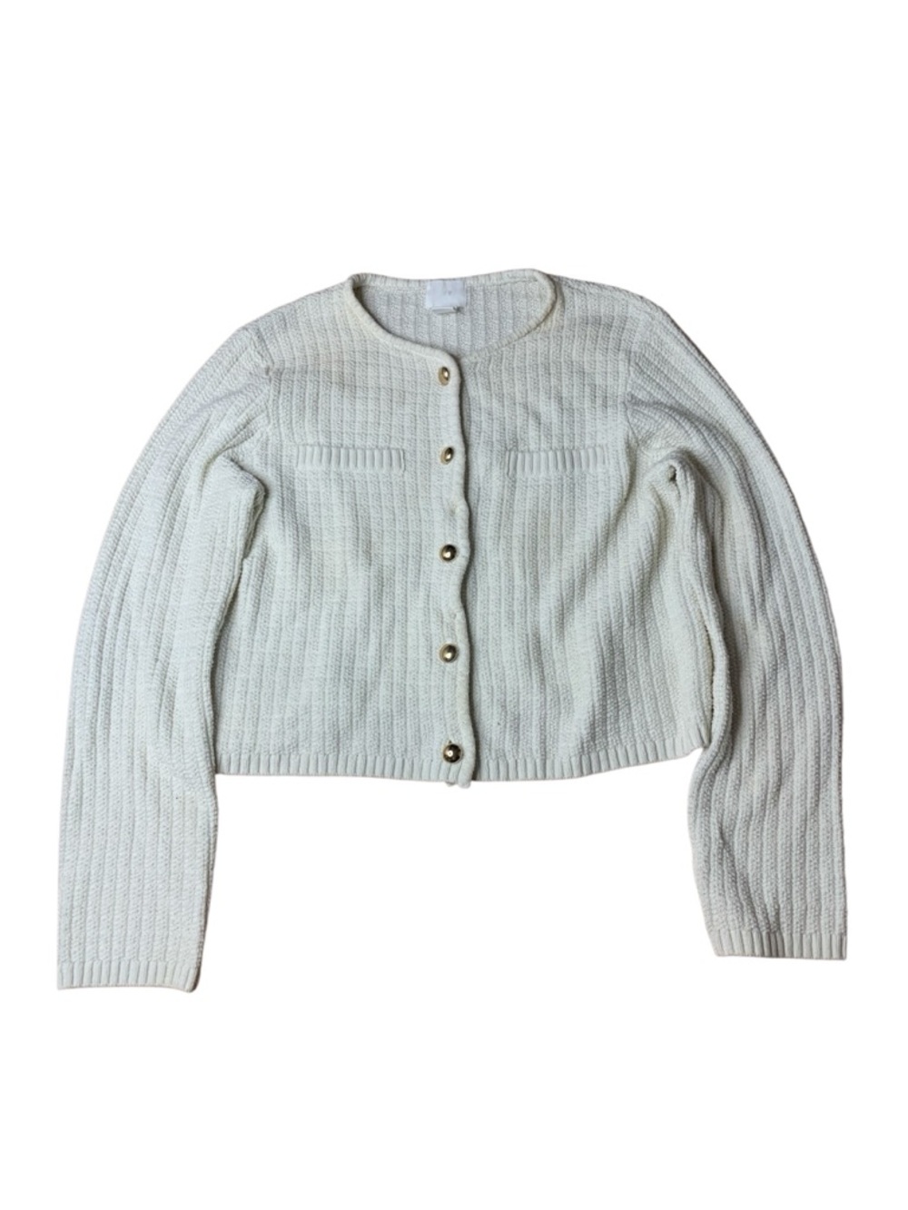 H&M Cream Textured Knit Cropped Cardigan with Gold Buttons - Size M